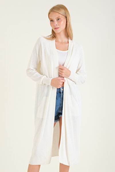 Giyim Dünyası Ecru Color Women's Oversize Long Cardigan - with Pockets