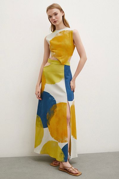 Never more Yellow Low-Cut Waist Zero Sleeve Dress