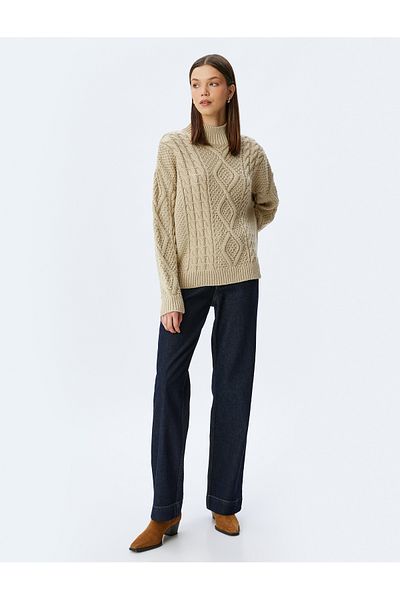 Koton Hair Knitted Textured Stand Collar Knitwear Sweater