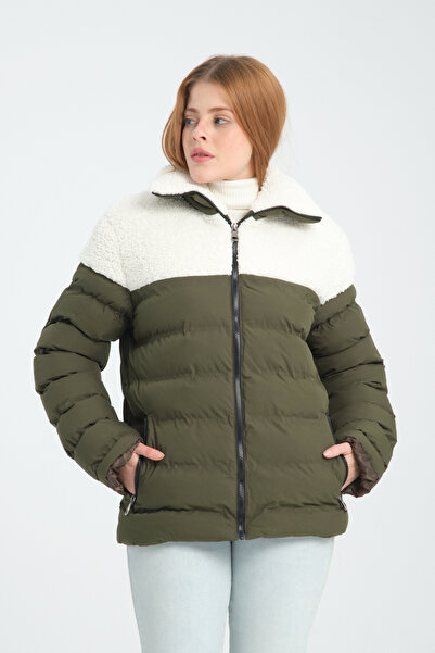 ESPİNA Women's Parachute Fabric Pockets with Zippered Inner Pocket Fur Puffer...