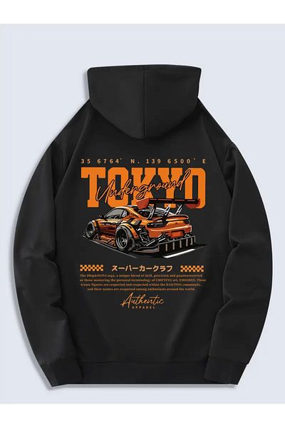 AEMİ Unisex Tokyo Car Back Printed Hooded Oversize Hoodie Sweatshirt