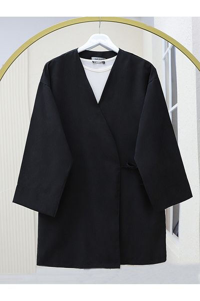 Modamorfo Doppelt gebundener Kimono mit V-Ausschnitt – Schwarz