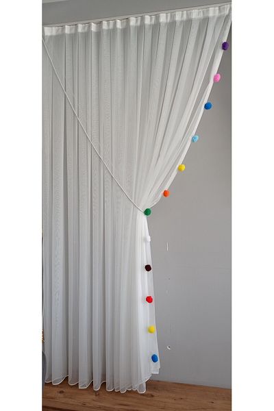 serART Baby and Children's Room with Pompom - Tulle Curtain, Double Breasted Cutting, Ceiling Tie Cord