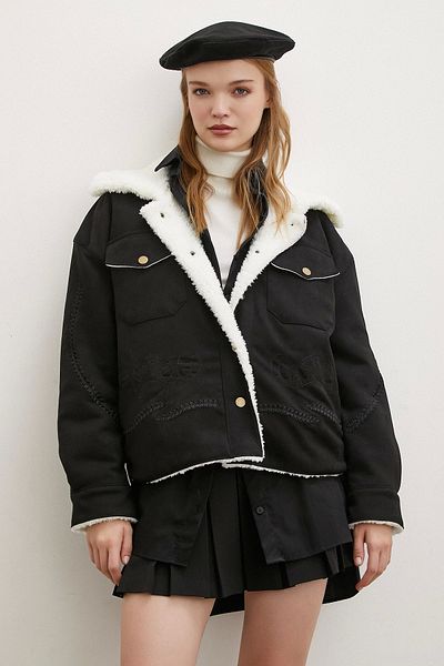 Never more Palton din piele intoarsa neagra - Plus in interior