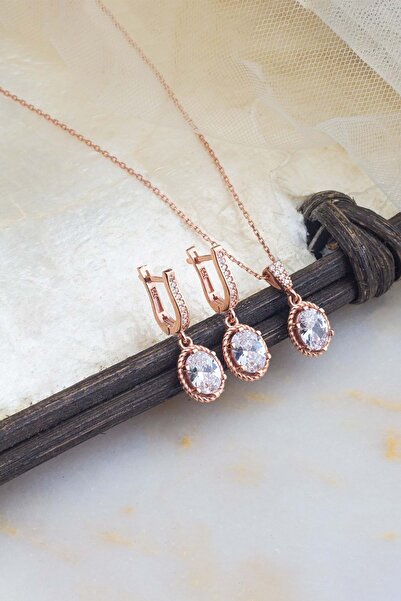 Else Silver 925 Ayar Zirkon Taşlı Zarif Oval Gümüş Kolye Küpe Kombin