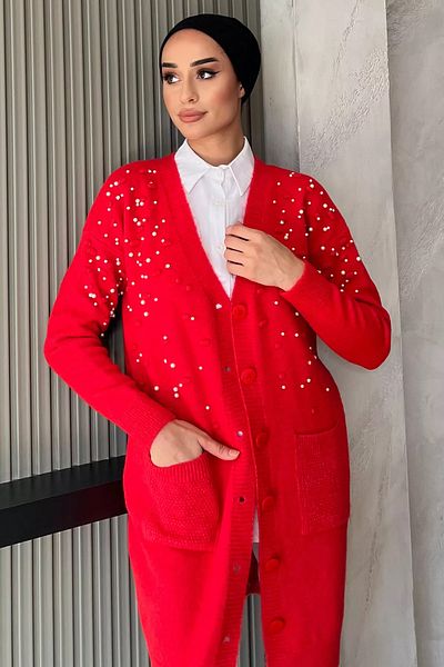 julude Red Pearl Detailed Hijab Sweater Cardigan