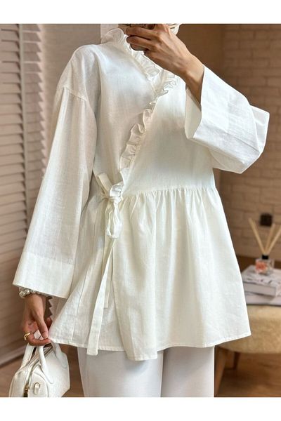 Modamorfo Leinen-Kimono – Rüschenkragen und seitliche Bindung, Ecru