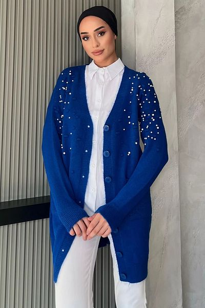 julude Saks Blue Pearl Λεπτομερής Hijab Knitwear Cardigan