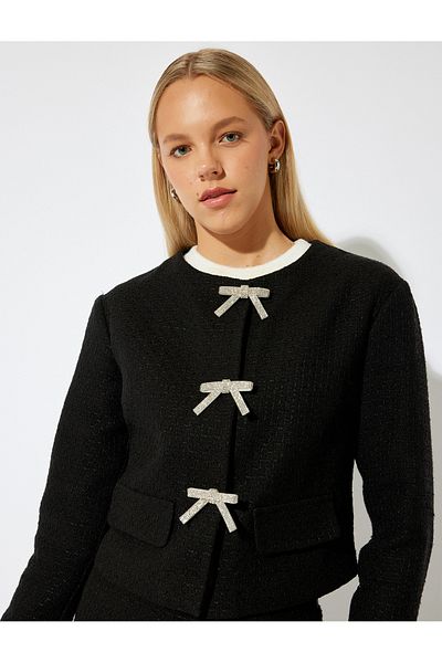 Koton Buzunar dublu acoperit, detaliat, buton cu fundă, șa din tweed slim fit