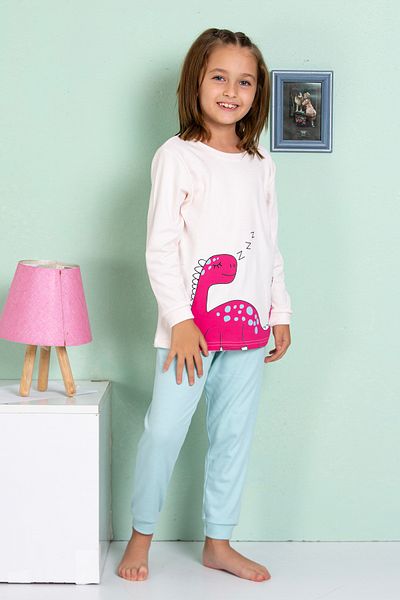 MADALİNA Girl's 100% Cotton Pink Dinosaur Printed Pajama Set