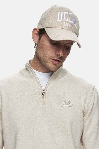 UCLA Fred White Half Zipper Stand Collar Embroidered Standard Fit Men's Knitwear