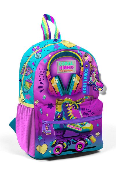 Coral High Pink Turquoise Skate Patterned Two-Compartment Tiny Nest Backpack - 23554