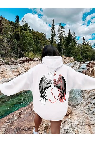 AEMİ Women's Angel Wing Back Printed Hooded Oversize Hoodie Sweatshirt