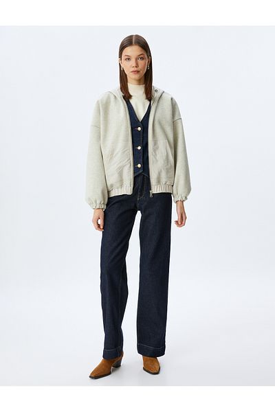 Koton Zippered Hooded Pocket Detailed Gathered Oversize Sweatshirt