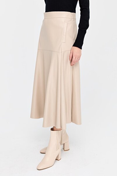 Esswaap Stone Colored Boot Length Leather Skirt