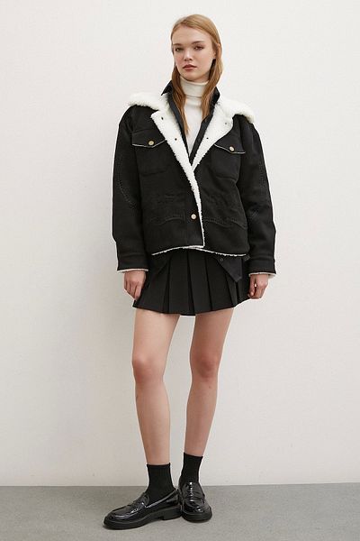 Never more Palton din piele intoarsa neagra - Plus in interior