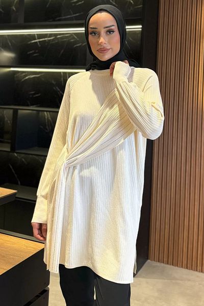 julude Λεπτομερής χιτζάμπ τουνίκ Cream Crew Neck Stone