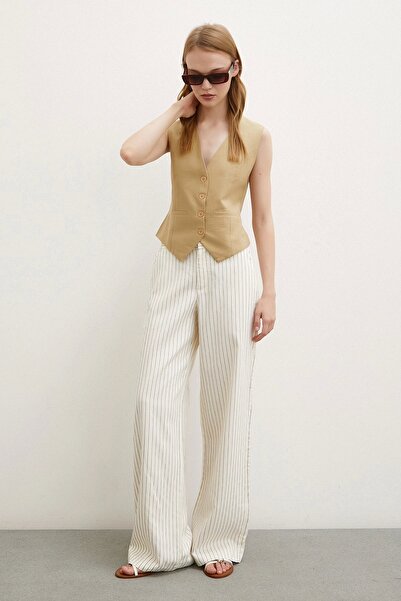 Never more High Waist Wide Leg Striped Trousers - Ecru