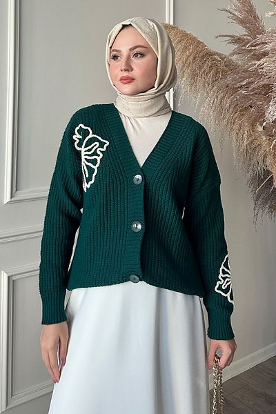 InStyle Cardigan din tricotaje verde petrol cu flori brodate