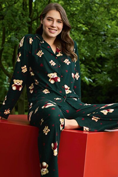 Pijamoni Kadın Pijama Takımı Uzun Kollu Gömlek Yaka Süet
