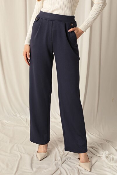 Genel Markalar Modal Kumaş Yanları Düğmeli Kadın Lacivert Pantolon
