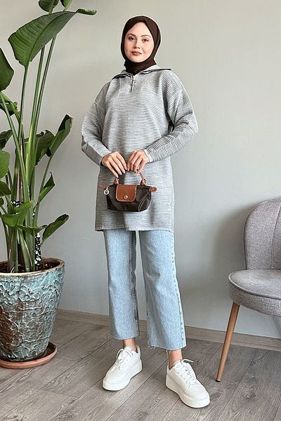 InStyle Thin Corded Turtleneck Gray Knitwear Sweater