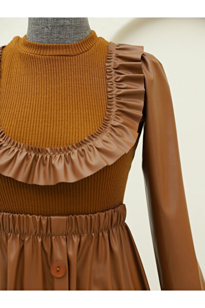 Modamorfo Front ruffled knit detailed leather dress - brown