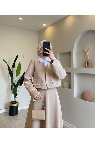Esre Store 4492 Beige Hijab Double Set