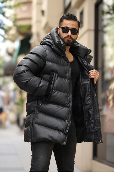 RHONES Men's Winter Leather Coat with Hooded Side Zipper Detail