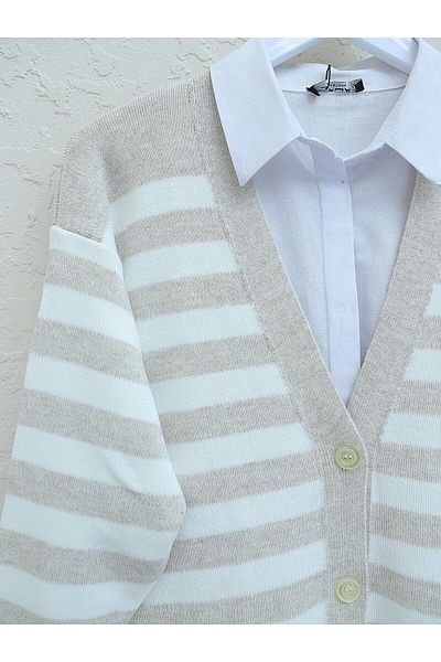Modamorfo Stone Colored Striped Knitwear Set - Buttoned