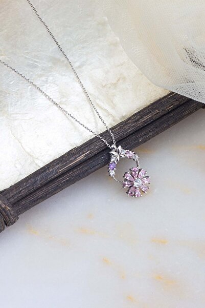 Else Silver 925 Ayar Gümüş Kelebek Dönen Çiçekli Kolye