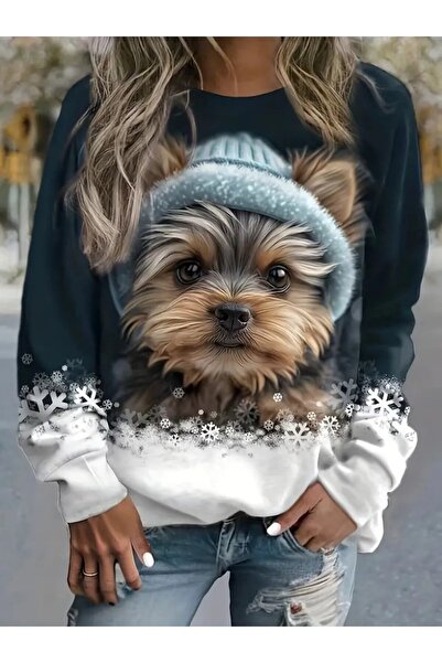 Modayakamoz Women's long sleeve crew neck dog print ruffle trim diving blouse