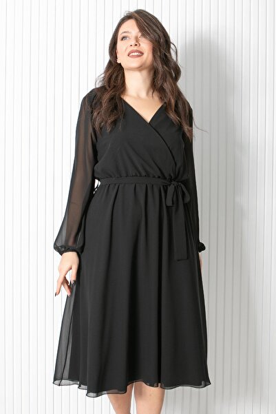 SUBU TASARIM Belt Detailed Chiffon Evening Dress Black Tbs916