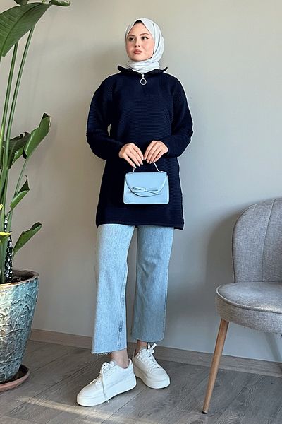 InStyle Thin Ribbed Turtleneck Navy Blue Knitwear Sweater