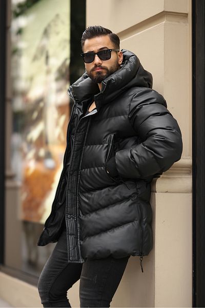 RHONES Men's Winter Leather Coat with Hooded Side Zipper Detail