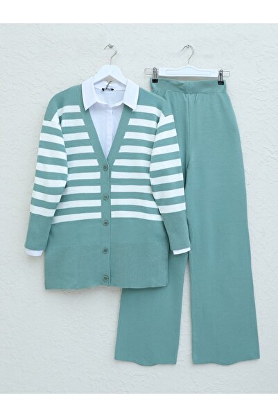 Modamorfo Striped Buttoned Knitwear Set -Mint
