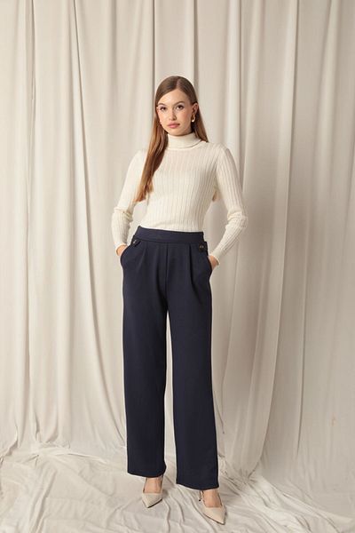Lukas Modal Fabric Side Buttoned Women's Navy Blue Trousers
