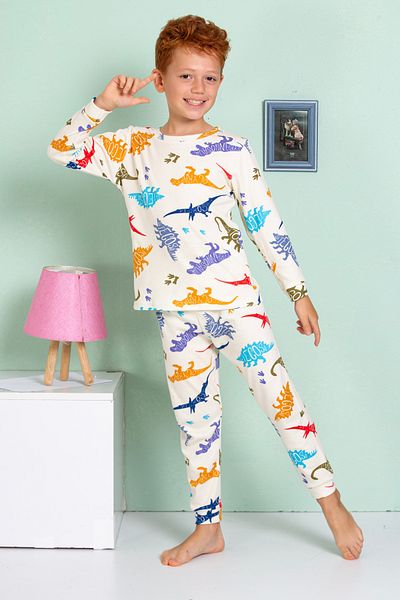 MADALİNA Boy's 100% Cotton Cream Dinosaur Patterned Pajama Set