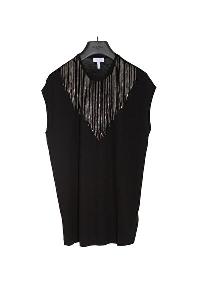 Escada Sport Boncuk İşlemeli Aksesuar Detaylı Kolsuz Siyah Uzun T-shirt