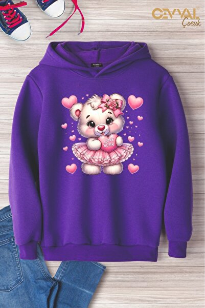 Cevval AYICIKLI KALPLER BASKILI KAPÜŞONLU OVERSİZE ÇOCUK SWEAT SHİRT