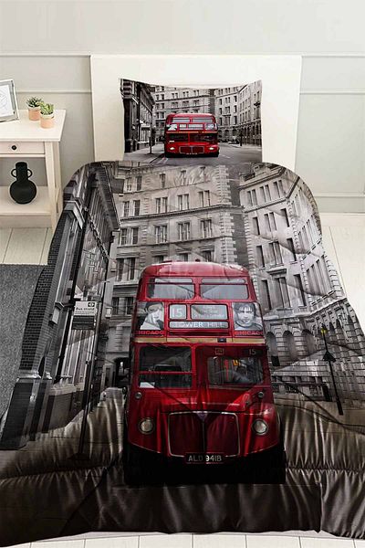 Else Dekor Red Bus London Patterned Single Quilted Quilt with Pillow Cover