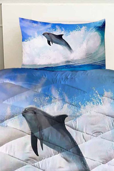 Else Dekor Blue Dolphin Sea Patterned Single Quilted Quilt Pillow with Cover