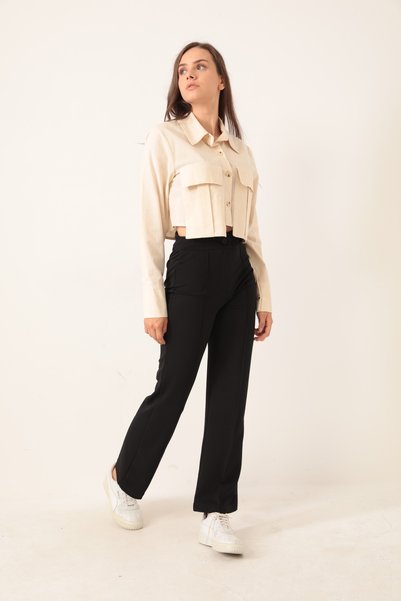 RuyaMood Women's Black High Waist Ribbed Stitched Lycra Knitted Trousers