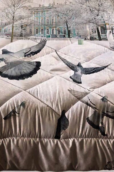 Else Dekor Біла голубка з візерунком птахів, односпальна ковдра з капітоне, з наволочкою