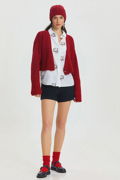 Clandestino Red Bohemian Crop Cardigan - Button Detail, Plain Knit