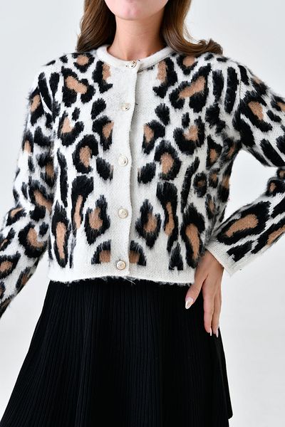 barış sülün lovebox Tricotaj cu nasturi cu imprimeu leopard pentru femei, cu gâtul rotund, cardigan 3539