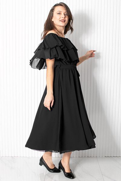SUBU TASARIM Black Chiffon Karmen Collar Evening Dress - Tbs918