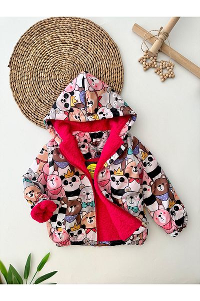 Minigimin Cicileri Fuchsia Raincoat for 1-4 Years Old Girl - My Little Flowers with Hood and Fur