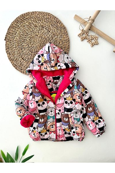 Minigimin Cicileri Fuchsia Raincoat for 1-4 Years Old Girl - My Little Flowers with Hood and Fur