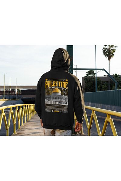 aynewmoda Palestine Print Hooded Black and White Oversize Sweatshirt